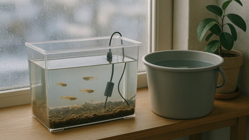 冬の明るい窓辺に置かれた小さな透明容器のメダカと、水温を合わせるためのバケツ・水温計